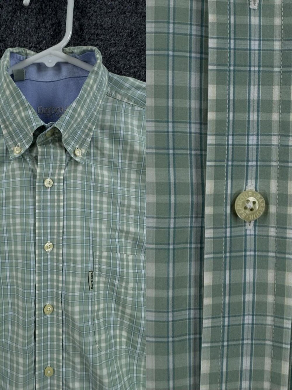 Barbour Mens Medium Cotton Green Button-Down Logo Shirt Pocket Long Sleeve Woven